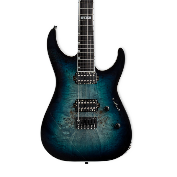Front of ESP E-II M-II HT Burl Mercury Blue Burst.