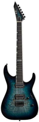 Full frontal of ESP E-II M-II HT Burl Mercury Blue Burst.