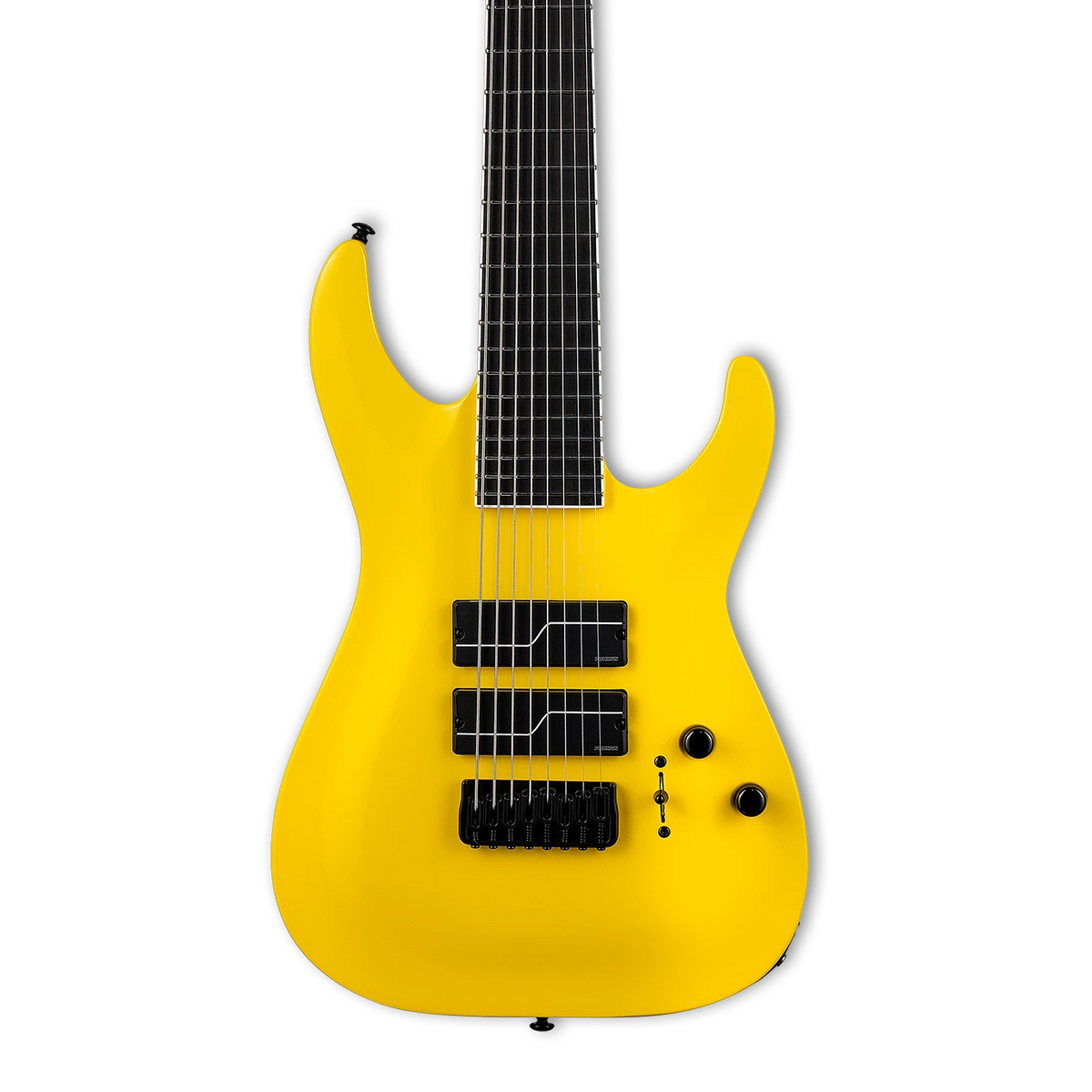 Front of ESP LTD Stephen Carpenter SC-608 Baritone Yellow.