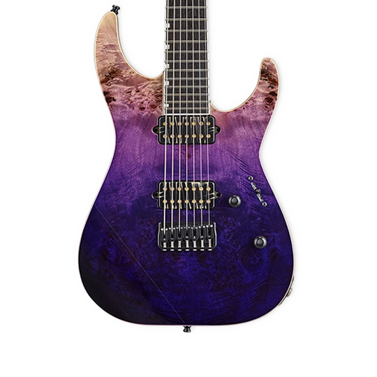 Front of ESP E-II M-II 7 HT Burl Purple Natural Fade.