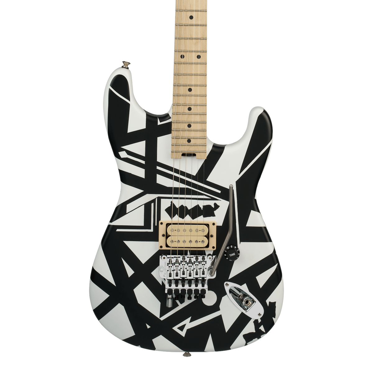 Front of EVH Striped Series Shapes Maple White and Black.