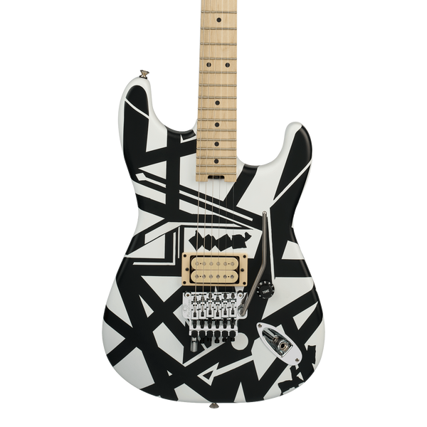 Front of EVH Striped Series Shapes Maple White and Black.
