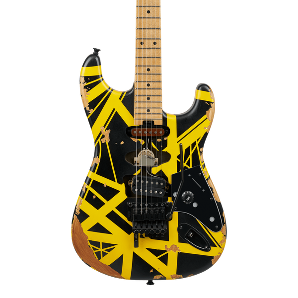 Front of EVH Limited Edition Striped Series Frankenstein Frankie Maple Black wYellow Stripes Aged.