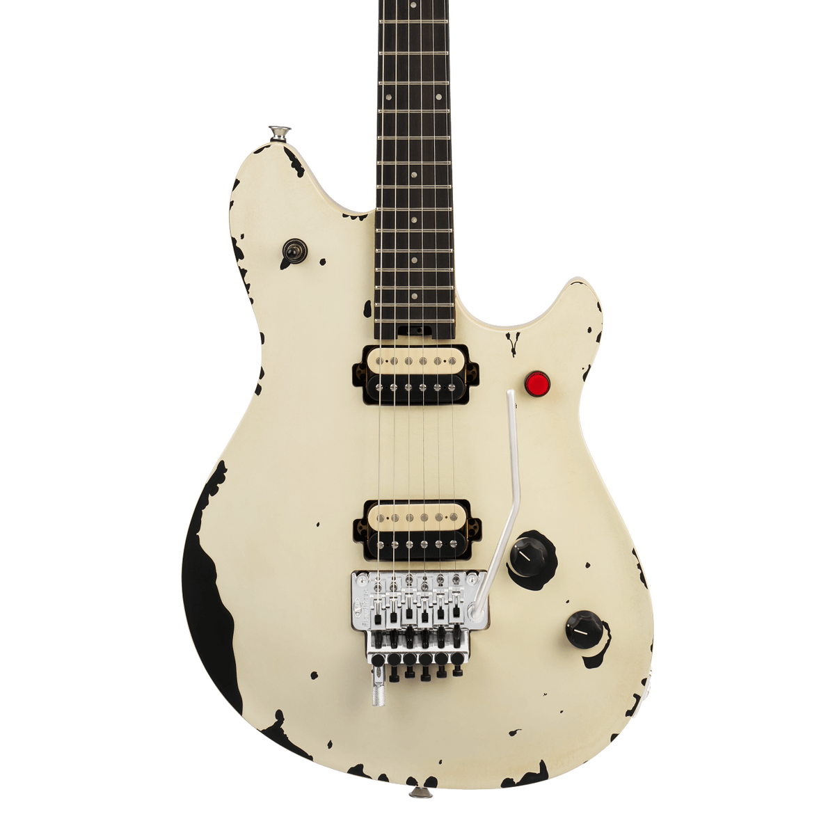 Front of EVH Limited Edition Wolfgang Special Striped Series Ebony Distressed Ivory.