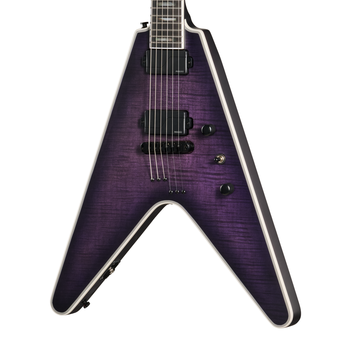 Front of Epiphone Prophecy Flying V Orchid Bloom Satin.