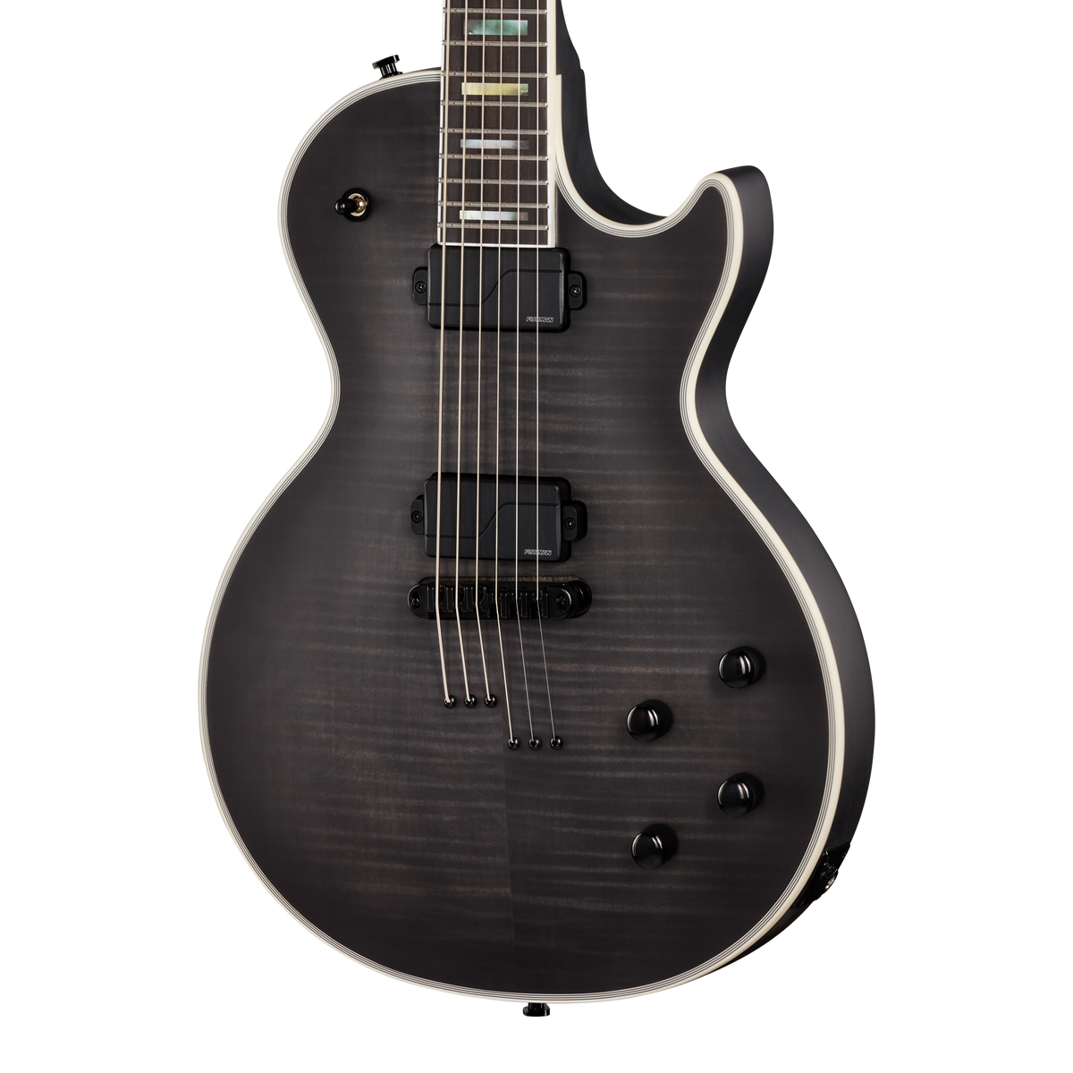 Front of Epiphone Prophecy Les Paul Baritone Obsidian Storm Satin.