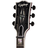 Headstock of Epiphone Prophecy Les Paul Crimson Fog Satin.