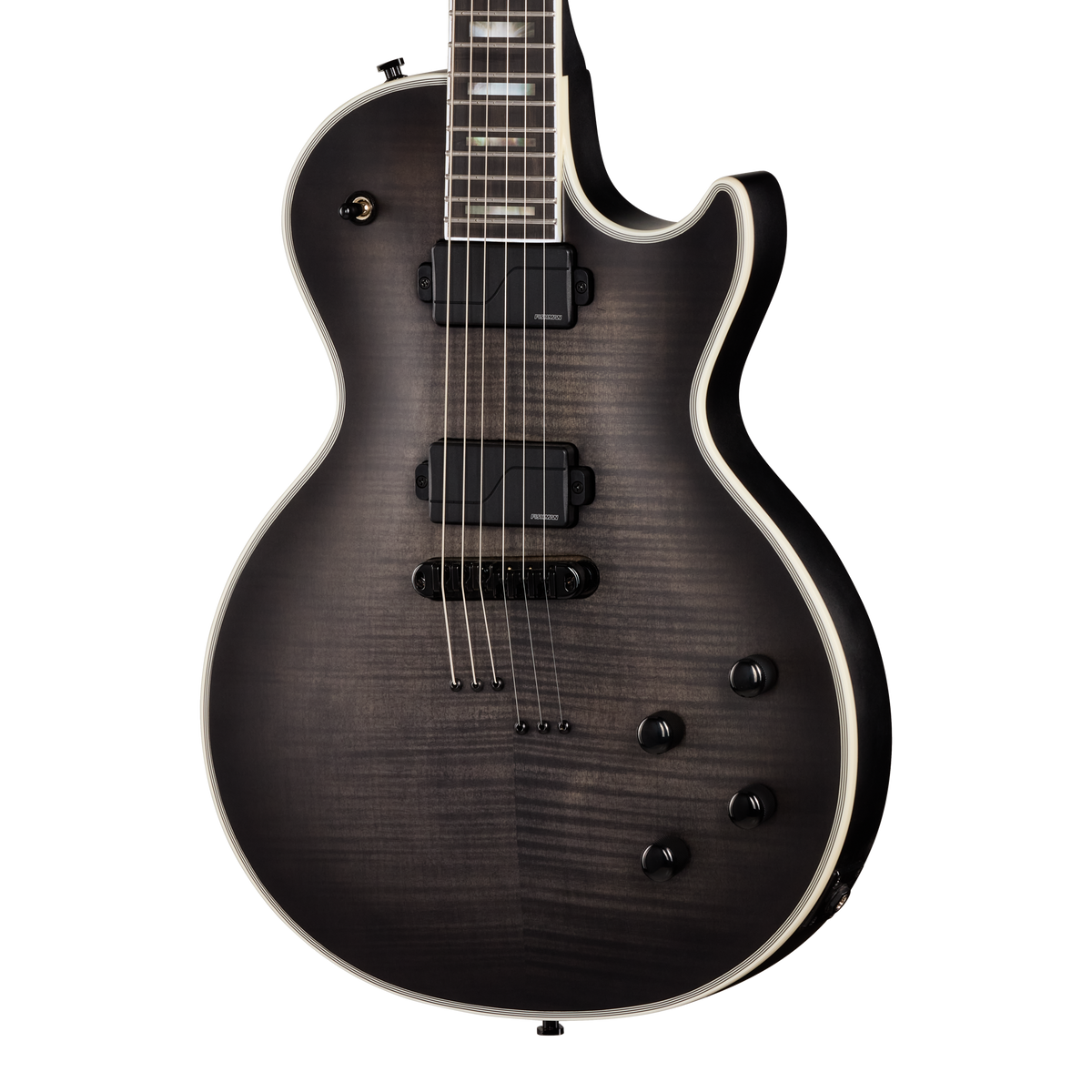 Front of Epiphone Prophecy Les Paul Obsidian Storm Satin.