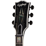 Headstock of Epiphone Prophecy Les Paul Obsidian Storm Satin.