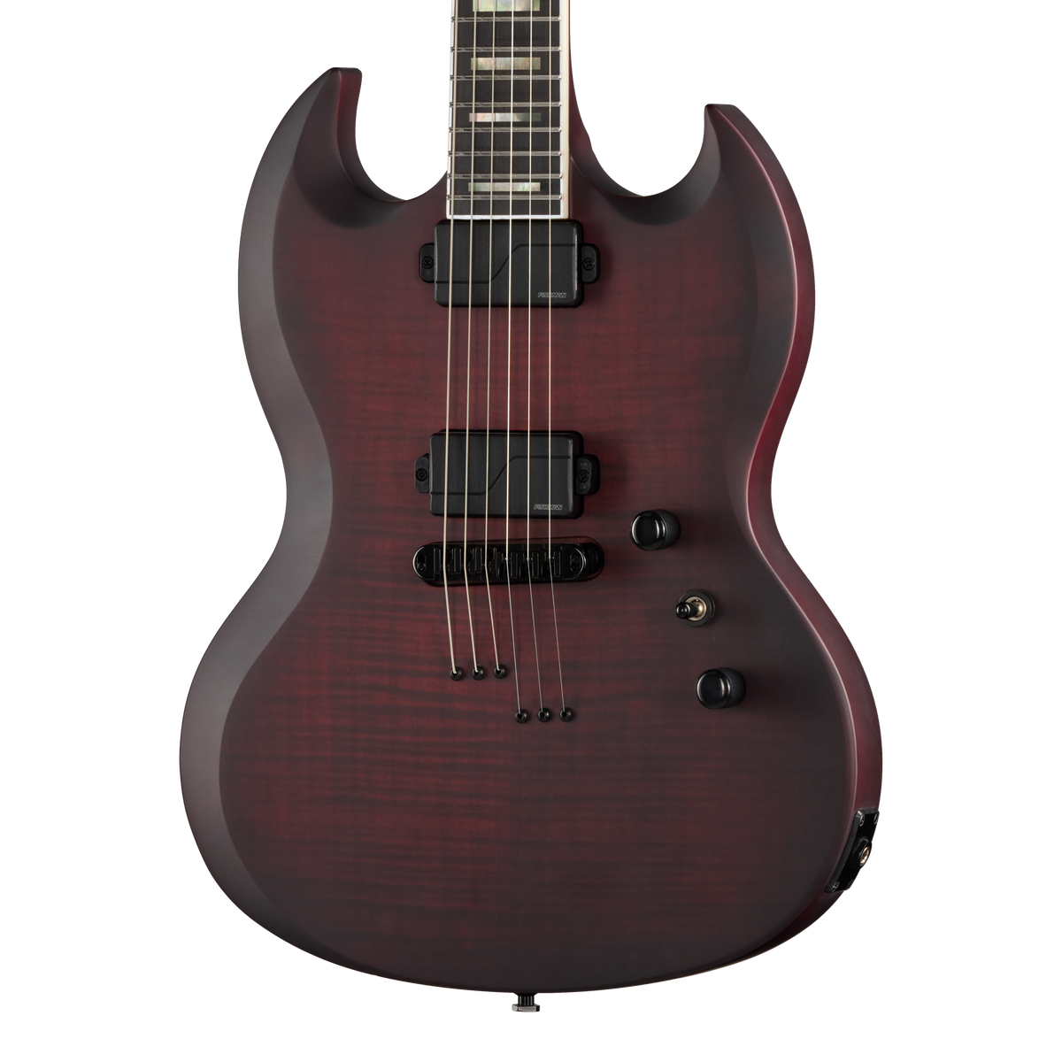 Front of Epiphone Prophecy SG Crimson Fog Satin.