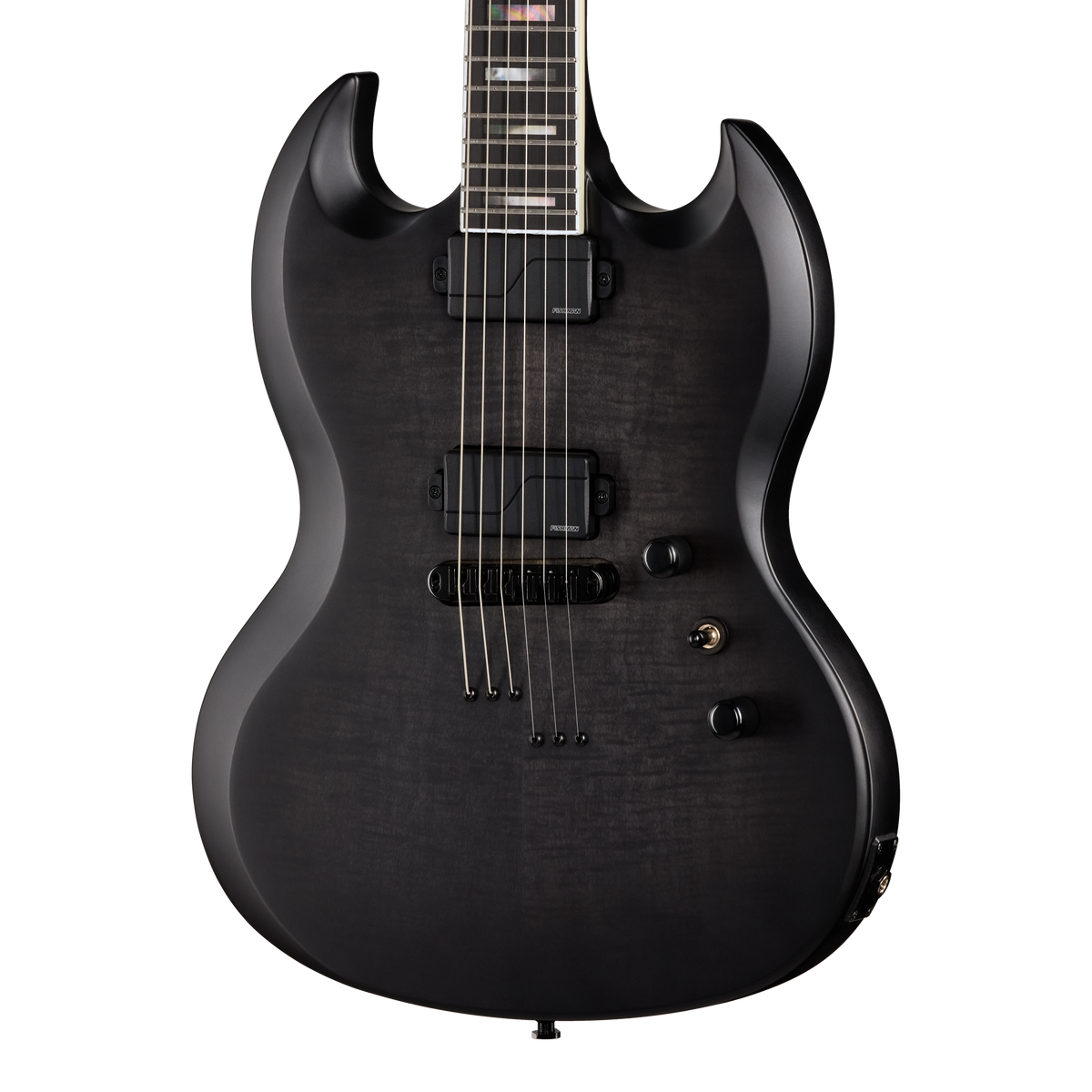 Front of Epiphone Prophecy SG Obsidian Storm Satin.