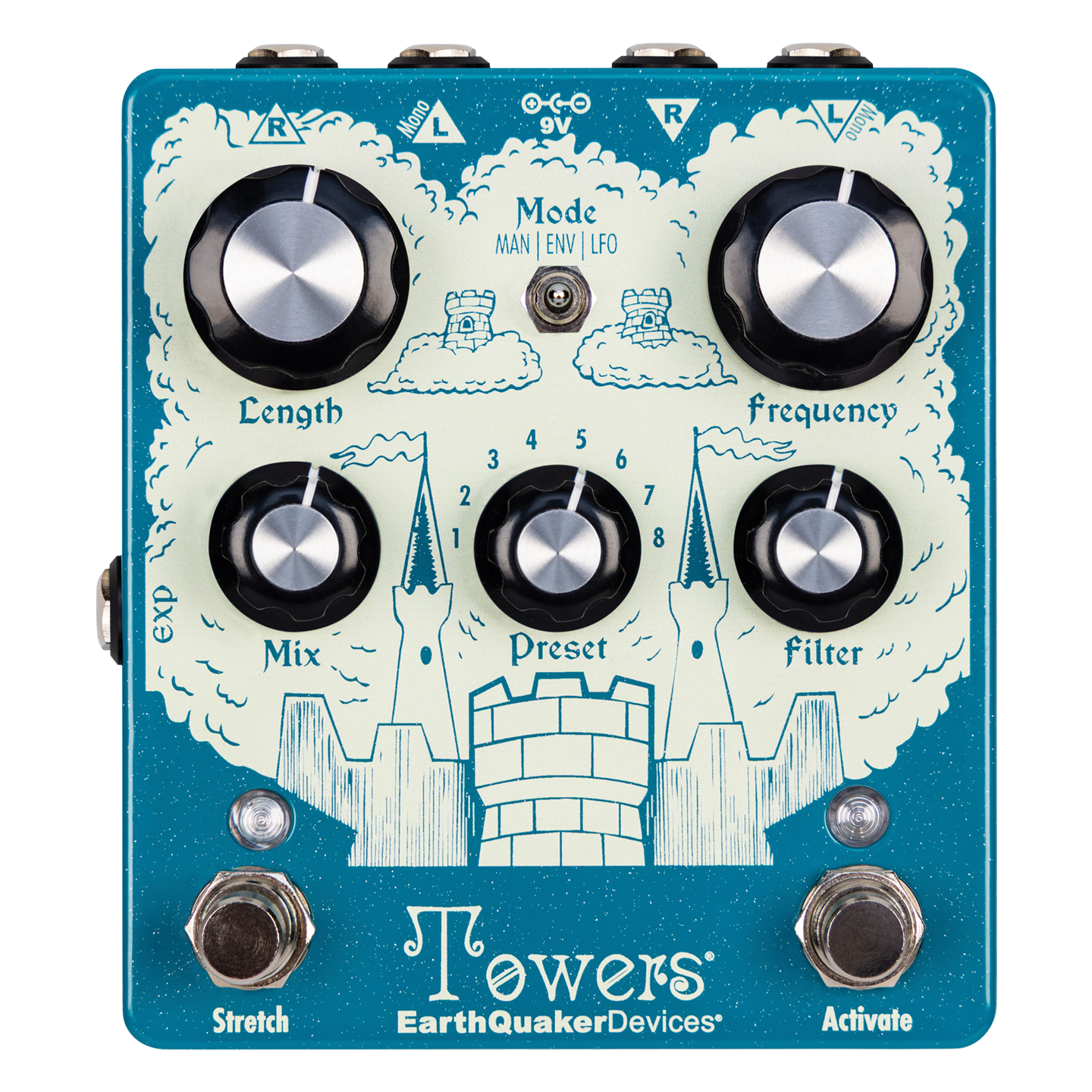 Top down of Earthquaker Devices Towers Soundscape Generator Stereo Reverberant Filter.