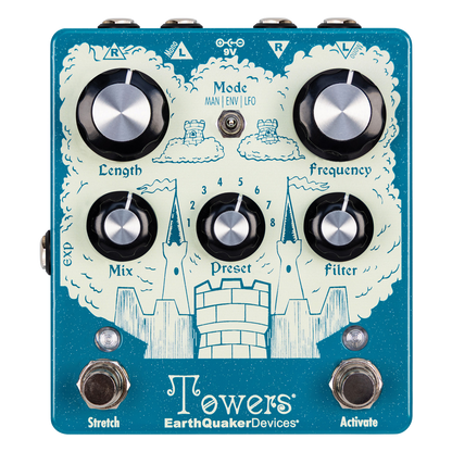 Top down of Earthquaker Devices Towers Soundscape Generator Stereo Reverberant Filter.