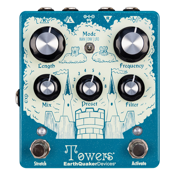 Top down of Earthquaker Devices Towers Soundscape Generator Stereo Reverberant Filter.