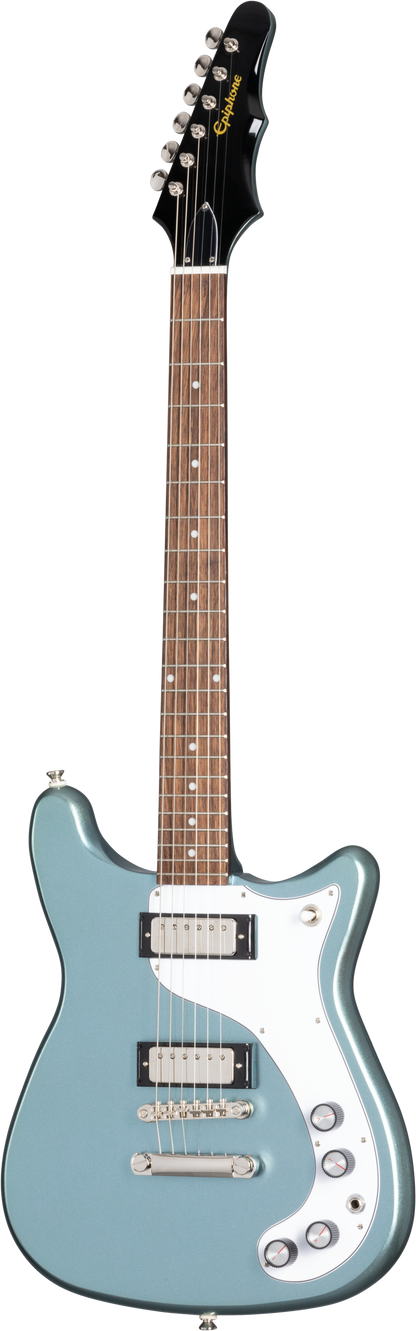 Full frontal of Epiphone 150th Anniversary Wilshire Pacific Blue.