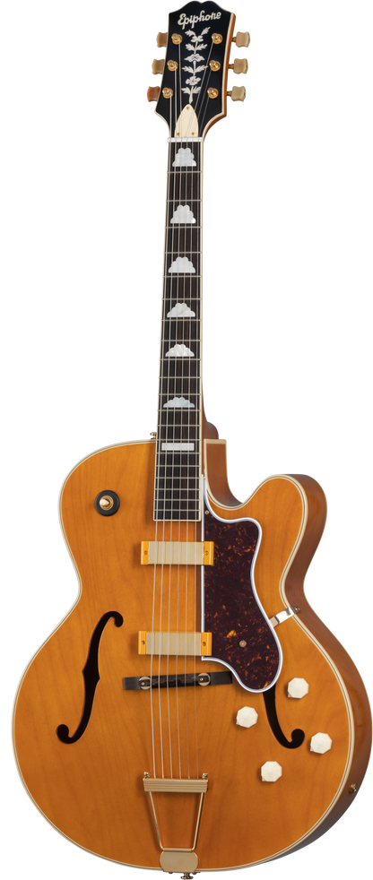 Full frontal of Epiphone 150th Anniversary Zephyr DeLuxe Regent Aged Antique Natural.