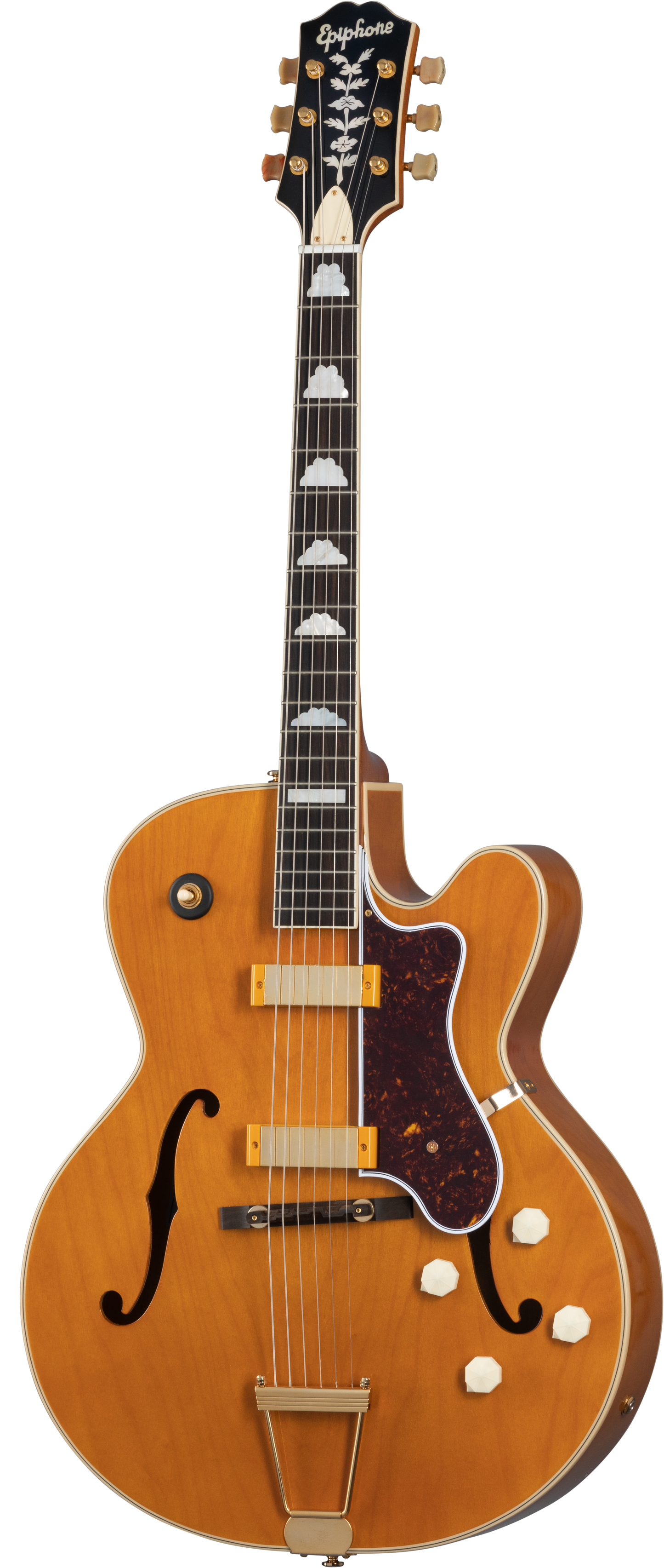 Full frontal of Epiphone 150th Anniversary Zephyr DeLuxe Regent Aged Antique Natural.