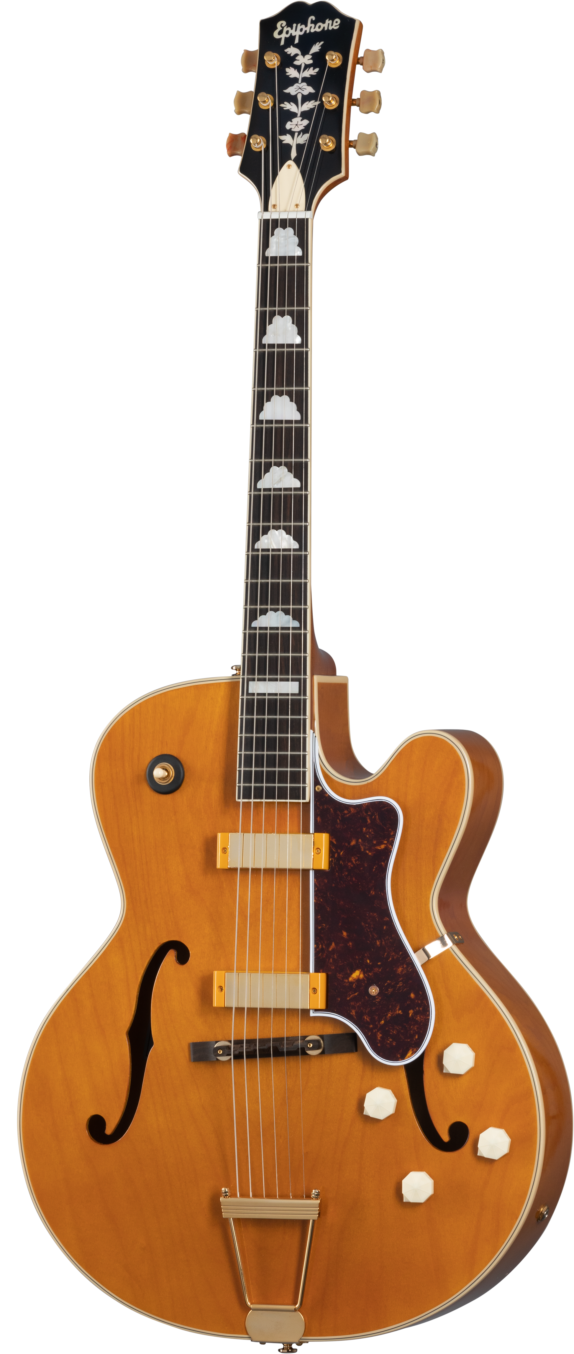 Full frontal of Epiphone 150th Anniversary Zephyr DeLuxe Regent Aged Antique Natural.