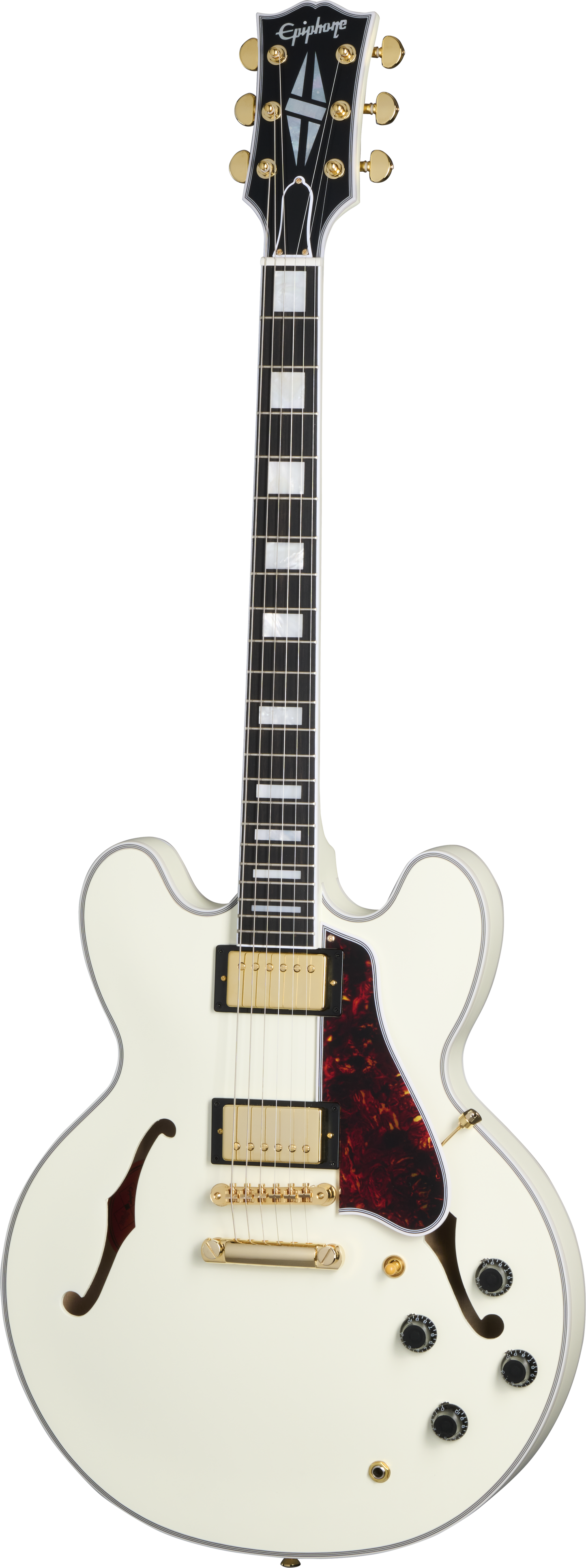 Full frontal of Epiphone 1959 ES-355 Classic White.