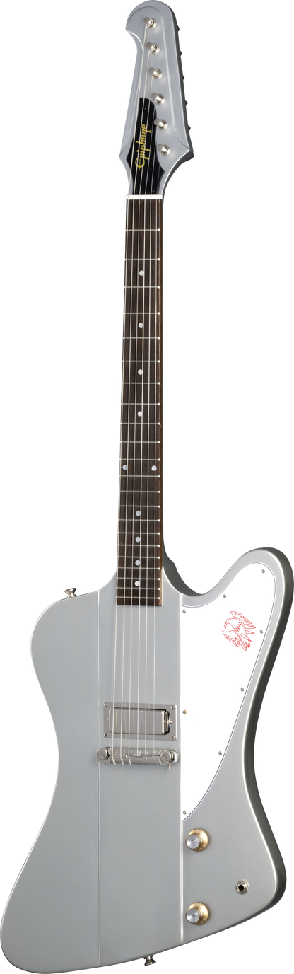 Full frontal of Epiphone 1963 Firebird I Silver Mist.