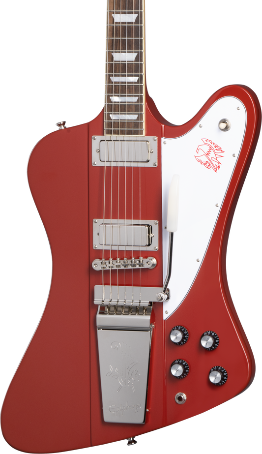 Front of Epiphone 1963 Firebird V Ember Red.