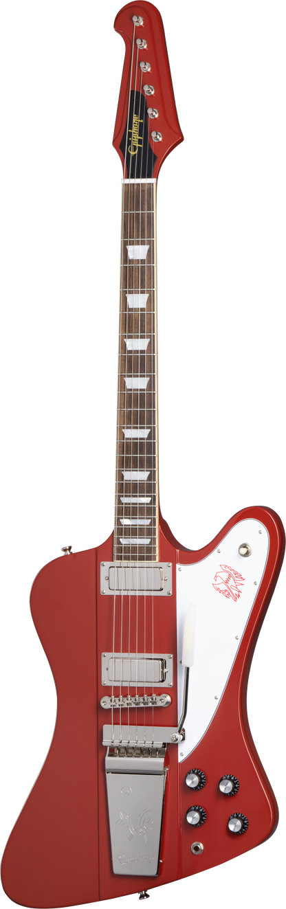 Full frontal of Epiphone 1963 Firebird V Ember Red.