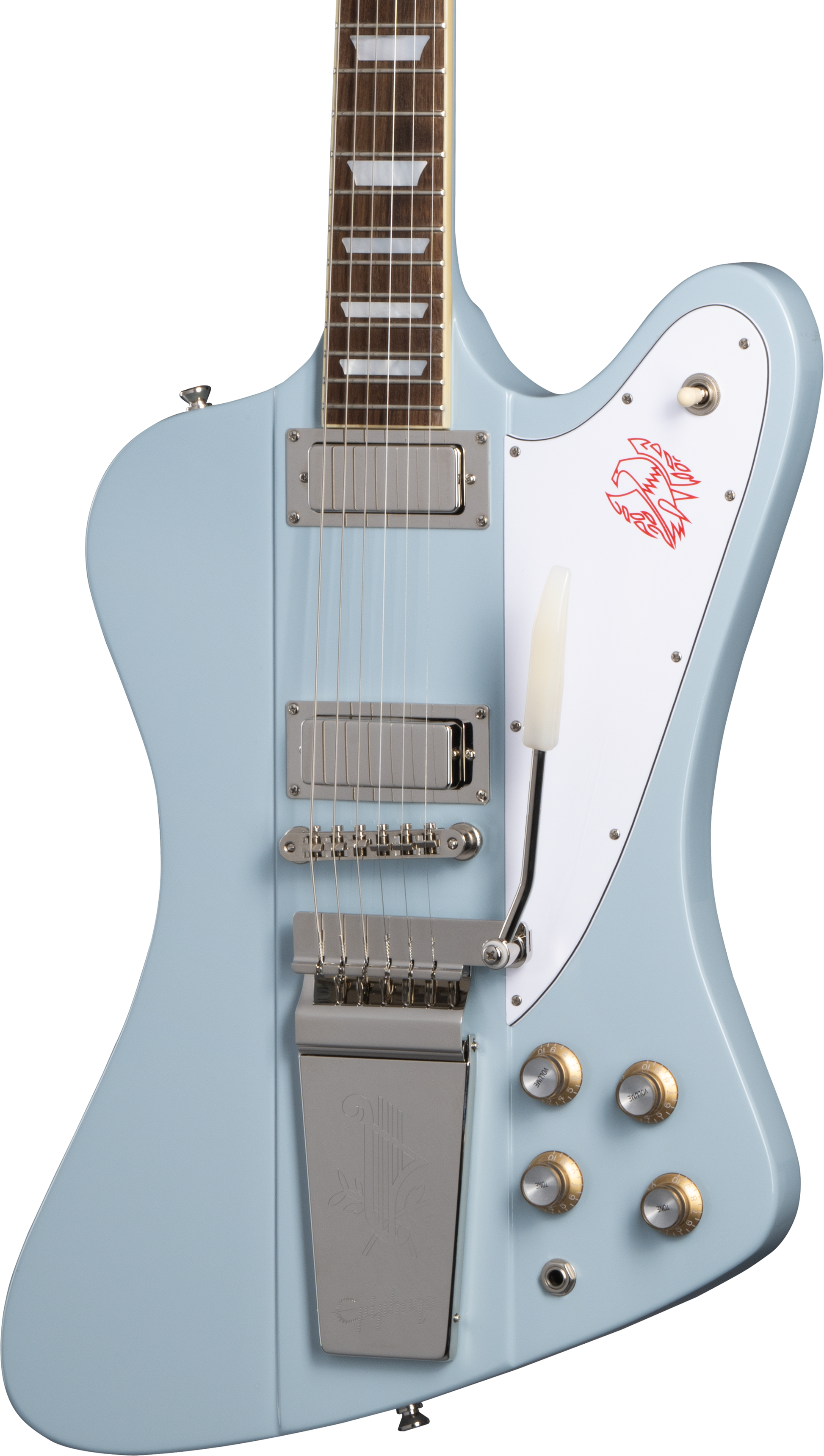 Front of Epiphone 1963 Firebird V Frost Blue.