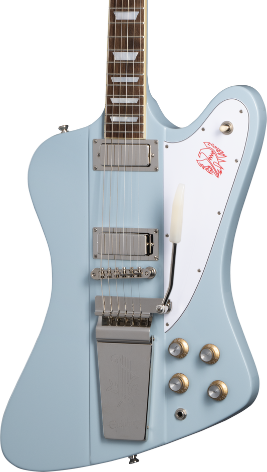 Front of Epiphone 1963 Firebird V Frost Blue.