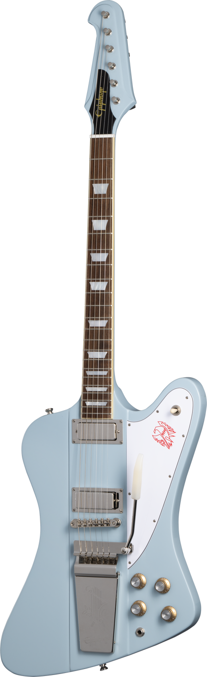 Full frontal of Epiphone 1963 Firebird V Frost Blue.