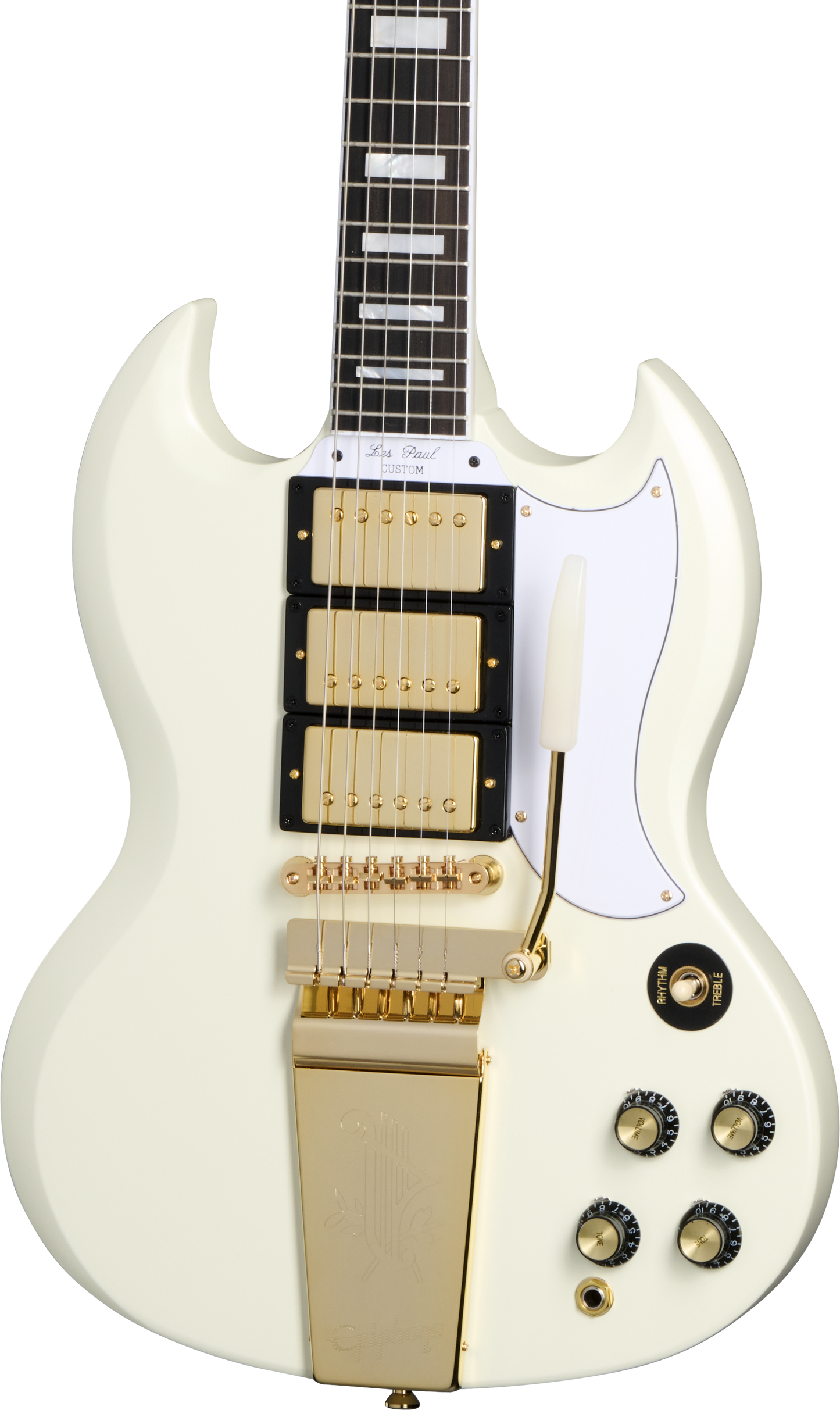Front of Epiphone 1963 Les Paul SG Custom With Maestro Vibrola Classic White.