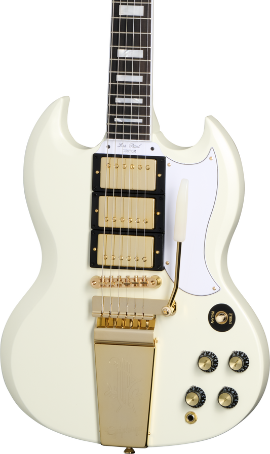 Front of Epiphone 1963 Les Paul SG Custom With Maestro Vibrola Classic White.