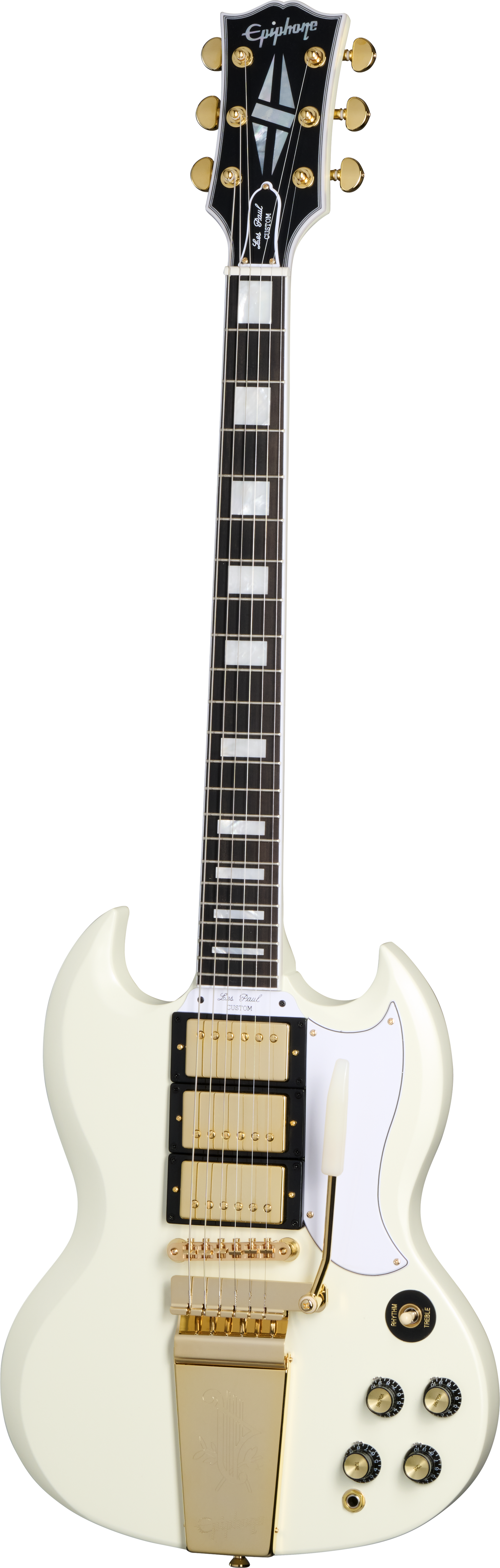 Full frontal of Epiphone 1963 Les Paul SG Custom With Maestro Vibrola Classic White.