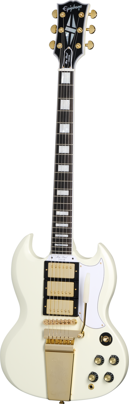 Full frontal of Epiphone 1963 Les Paul SG Custom With Maestro Vibrola Classic White.