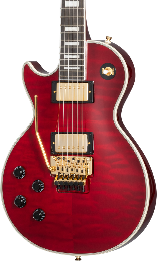 Front of Epiphone Alex Lifeson Les Paul Custom Axcess Quilt Left Hand Ruby.