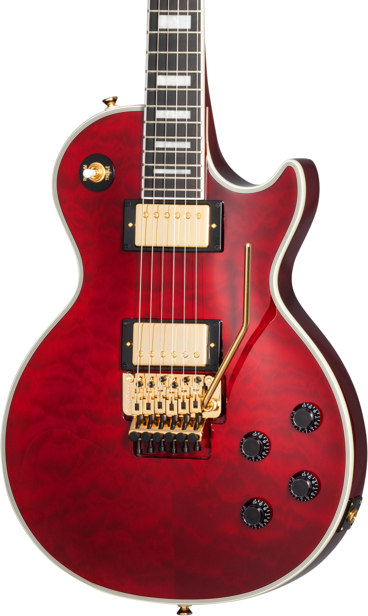 Front of Epiphone Alex Lifeson Les Paul Custom Axcess Quilt Ruby.