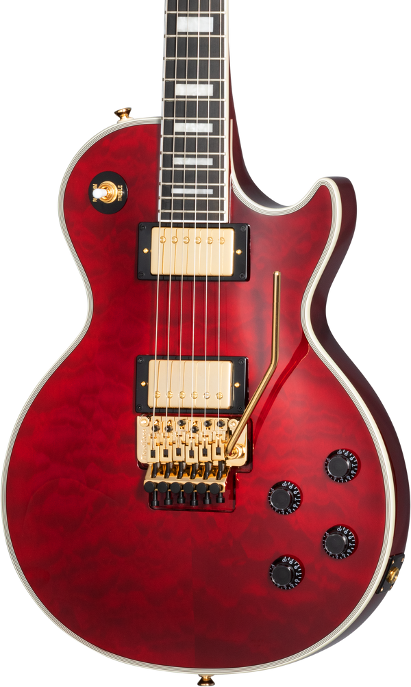 Front of Epiphone Alex Lifeson Les Paul Custom Axcess Quilt Ruby.