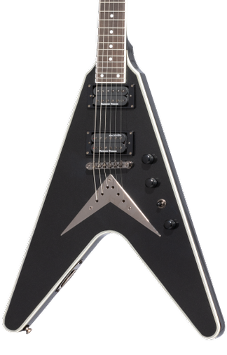 Front of Epiphone Dave Mustaine Flying V Custom Black Metallic.