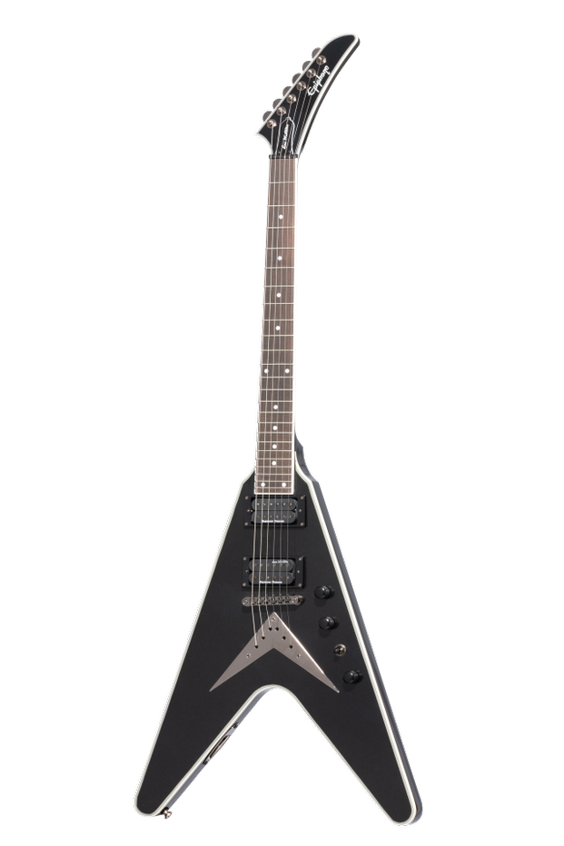 Full frontal of Epiphone Dave Mustaine Flying V Custom Black Metallic.