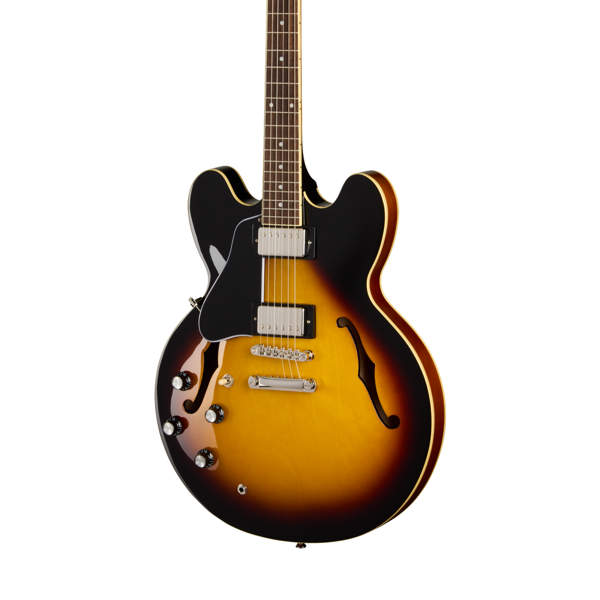 Front of Epiphone ES-335 Left Handed Vintage Sunburst.