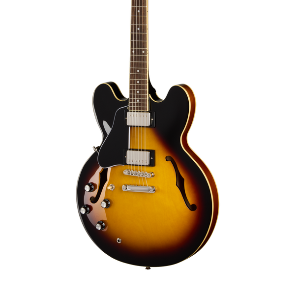 Front of Epiphone ES-335 Left Handed Vintage Sunburst.