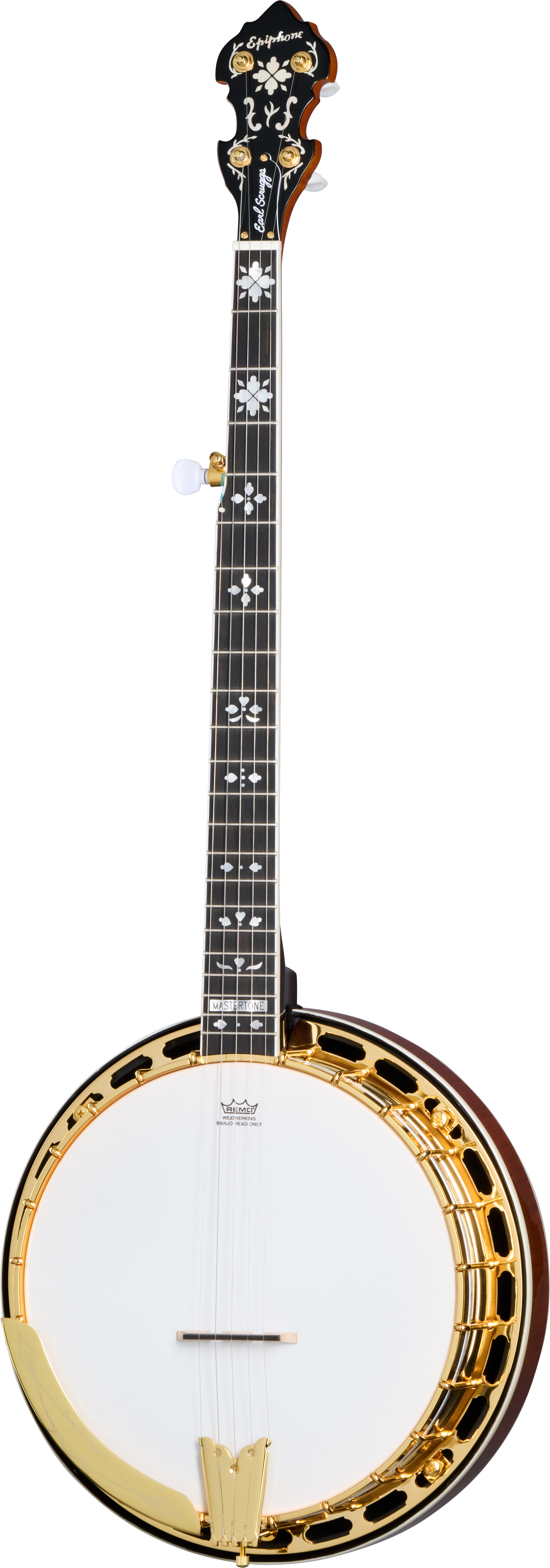 Full frontal of Epiphone Earl Scruggs Golden Deluxe Banjo Natural.