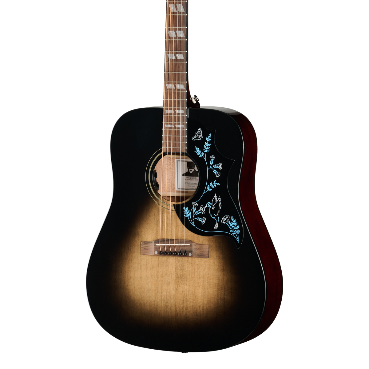 Front of Epiphone Eric Church Hummingbird Dark Studio Cobra Burst.