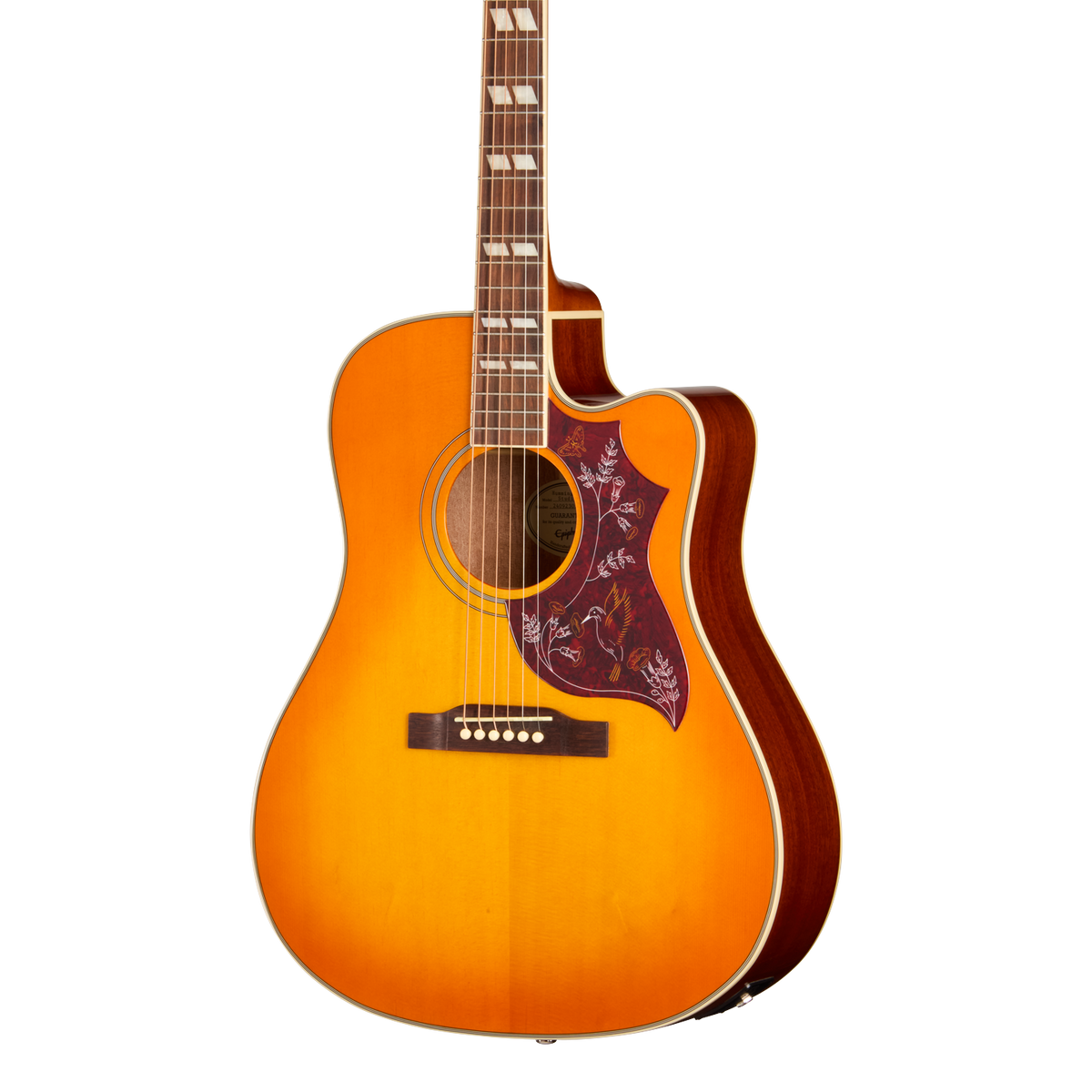 Front of Epiphone Hummingbird Studio EC Heritage Cherry Sunburst.