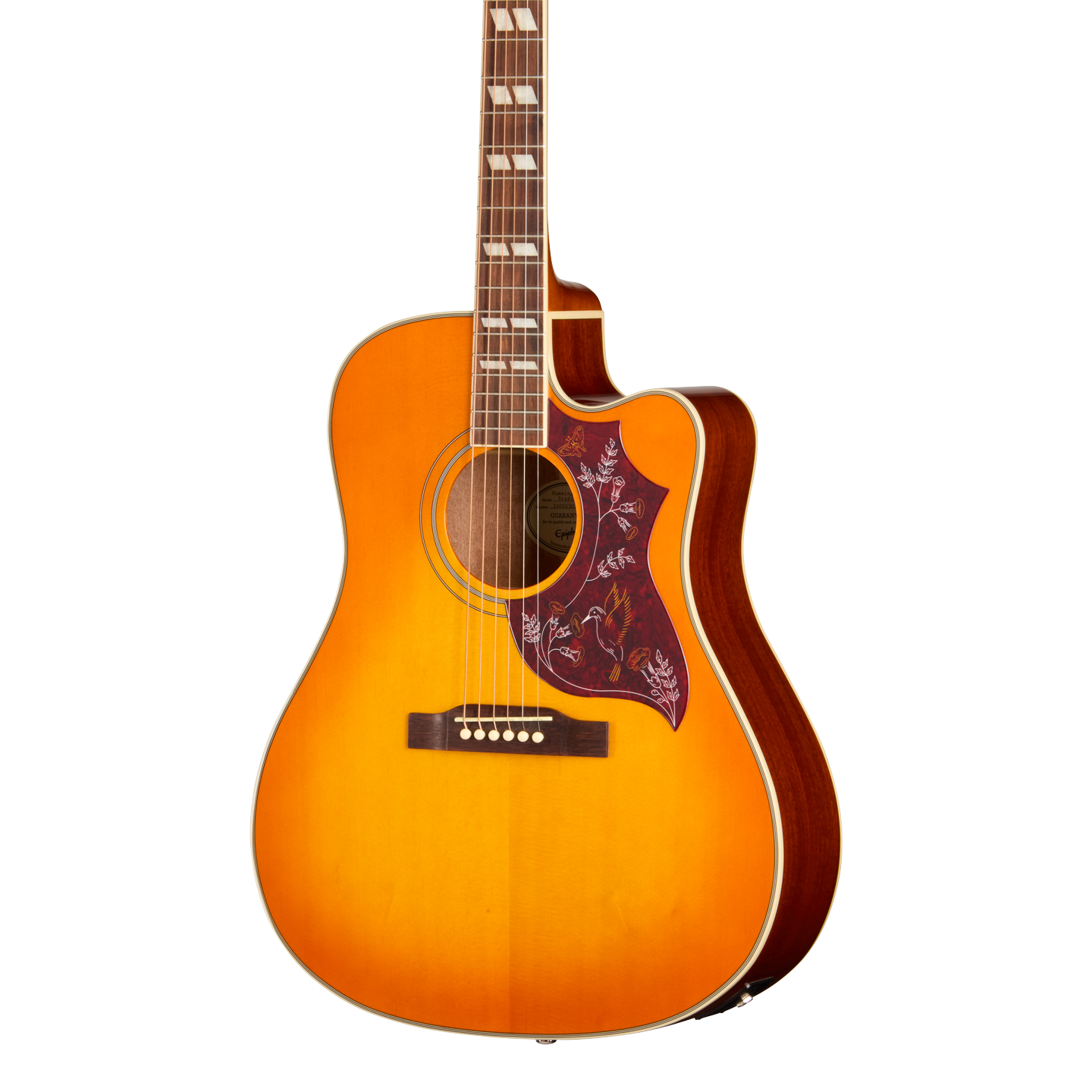 Front of Epiphone Hummingbird Studio EC Heritage Cherry Sunburst.