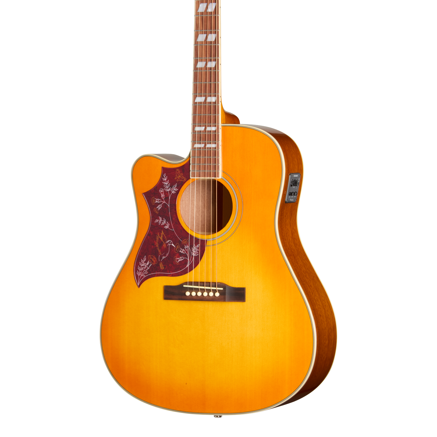 Front of Epiphone Hummingbird Studio EC LH Heritage Cherry Sunburst.
