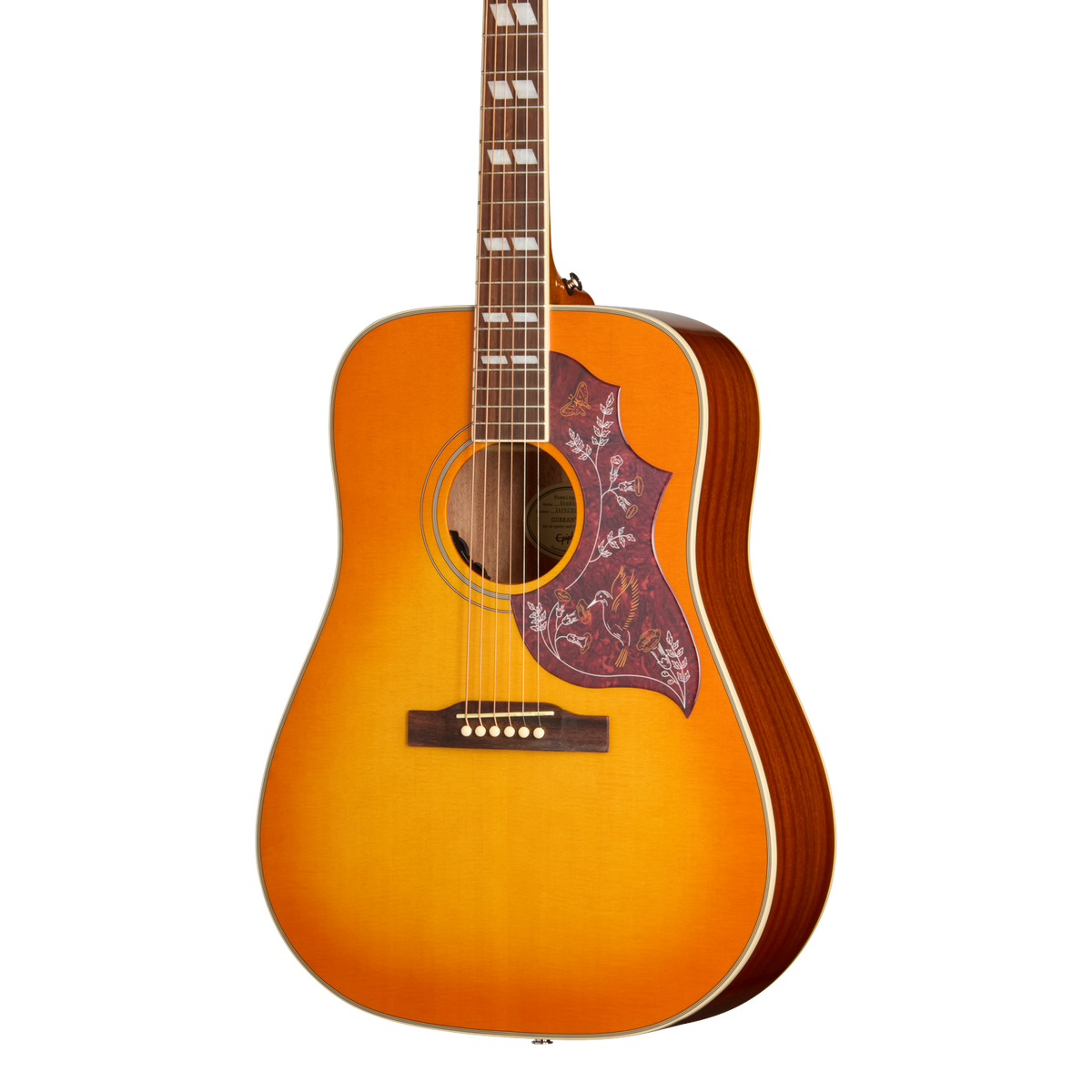 Front of Epiphone Hummingbird Studio Heritage Cherry Sunburst.