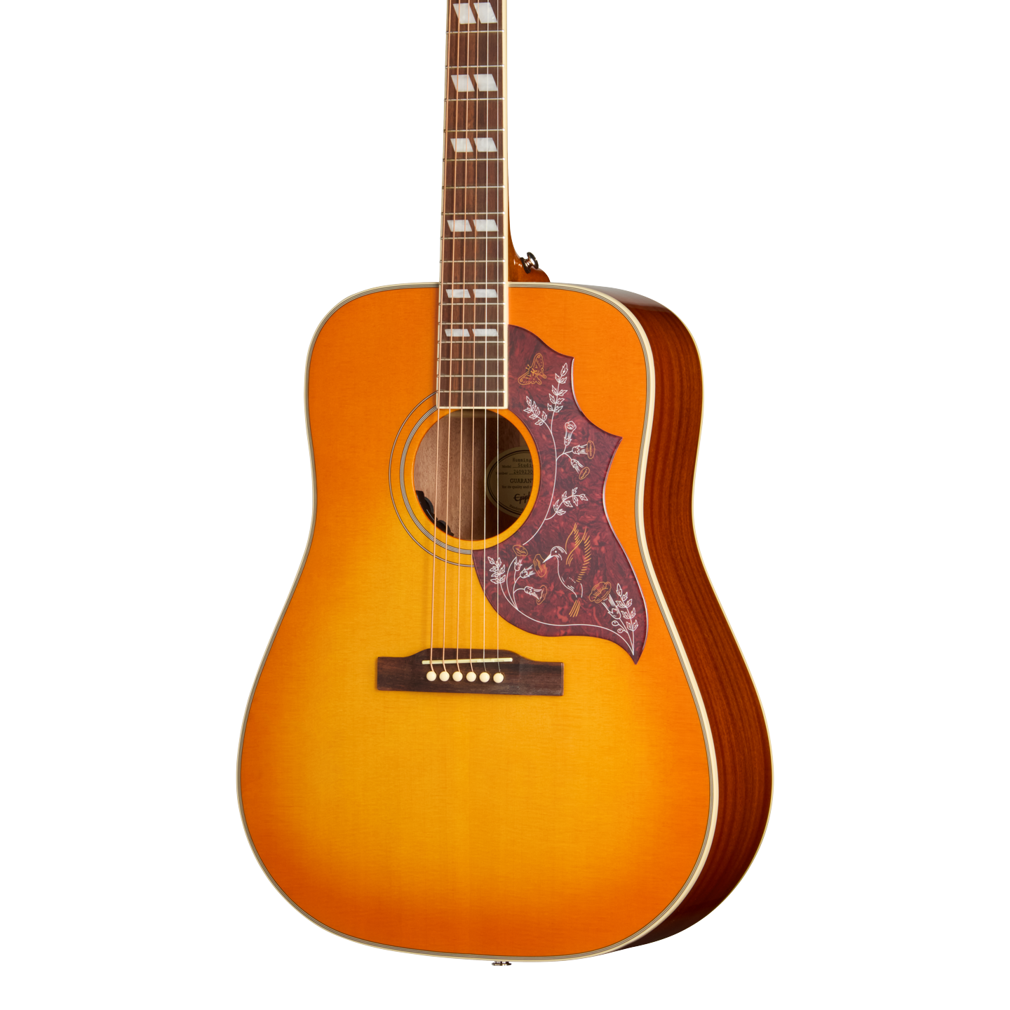 Front of Epiphone Hummingbird Studio Heritage Cherry Sunburst.