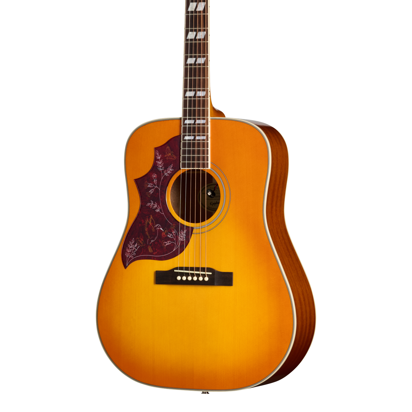 Front of Epiphone Hummingbird Studio LH Heritage Cherry Sunburst.