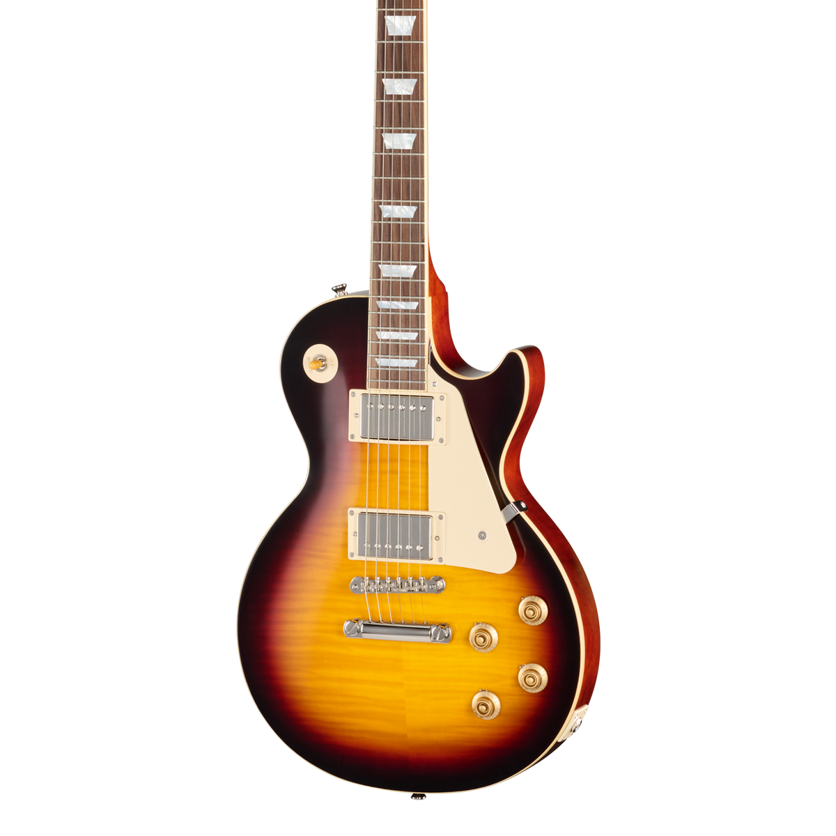 Front of Epiphone Inspired by Gibson Custom 1959 Les Paul Standard Reissue Dark Burst.