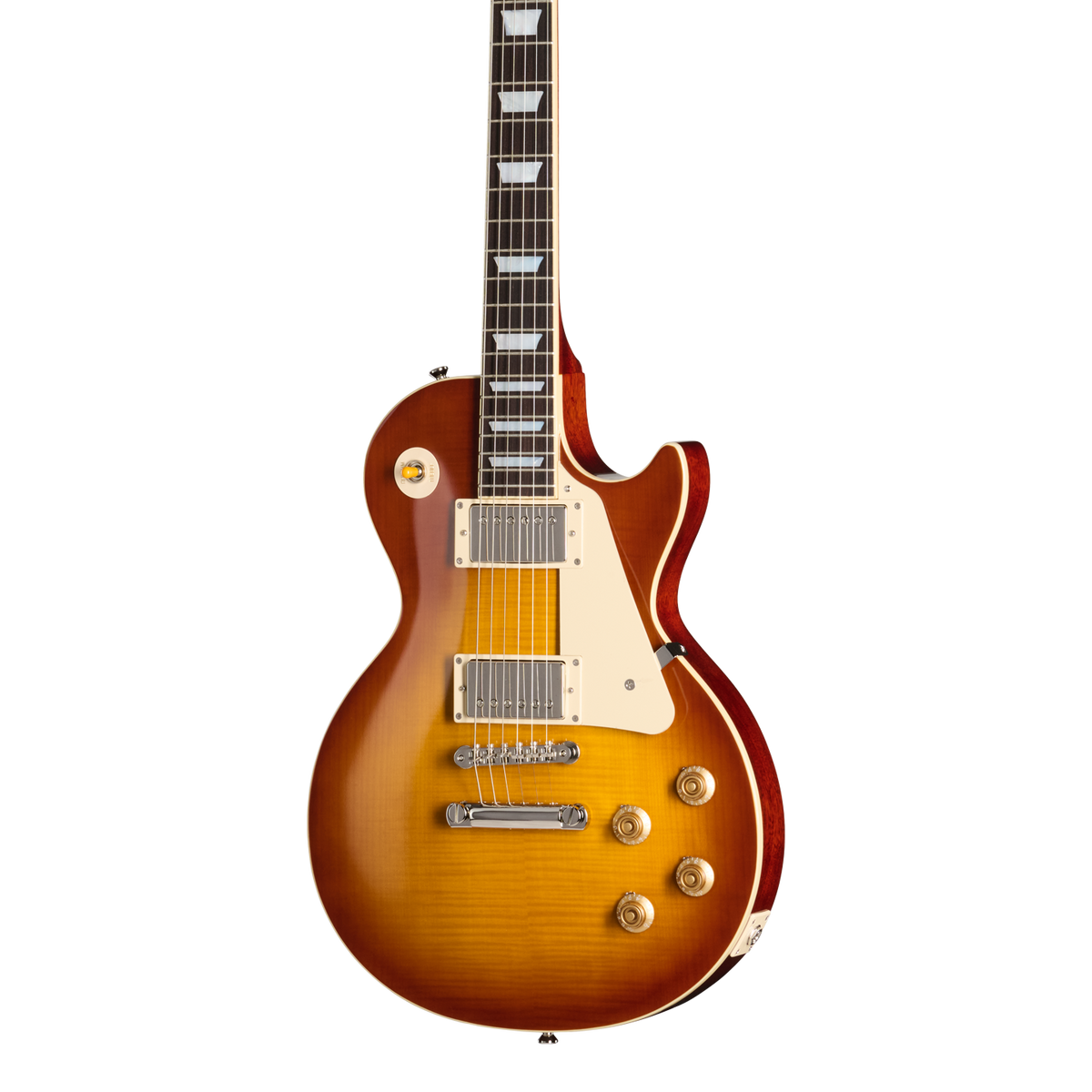 Front of Epiphone Inspired by Gibson Custom 1959 Les Paul Standard Reissue Golden Poppy Burst.